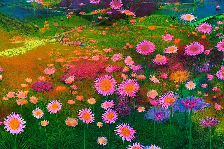 Image similar to beautiful field of giant gerber daisy flowers digital illustration by dr. seuss : 1 | colorful surreal psychedelic megaflora forest by beeple : 1