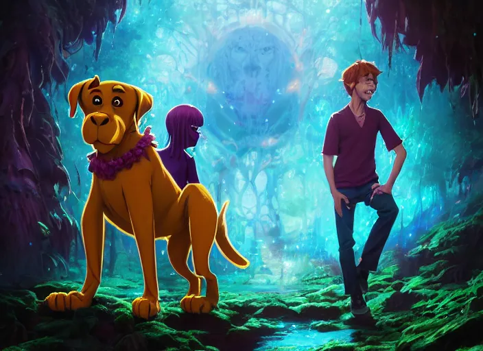 Image similar to highly detailed portrait of scooby doo and shaggy, in no game no life, stephen bliss, 8 k, unreal engine, fantasy art by greg rutkowski, loish, rhads, ferdinand knab, makoto shinkai and lois van baarle, ilya kuvshinov, rossdraws, tom bagshaw, global illumination, radiant light, detailed and intricate environment