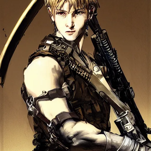 Image similar to portrait of a young white hero using his right arm to hold his sword covering his eye by yoji shinkawa, high quality, extra details, realism, ornate, colored, golden chain, blood, white skin, short hair, brown eyes, vivid, sunlight, dynamic, american man, freedom, white american soldier, painting