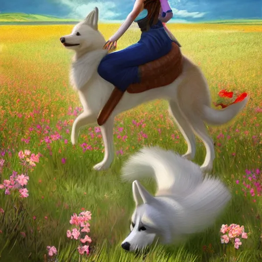 Image similar to girl riding a giant husky in a field of flowers, trending on artstation