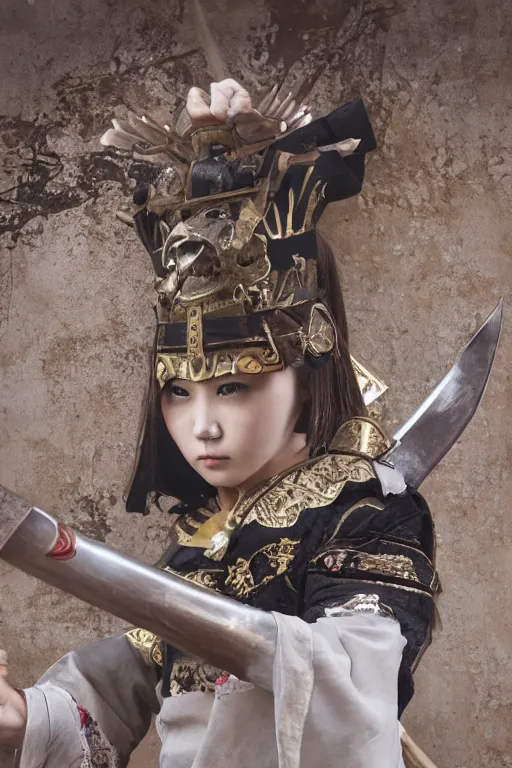 Image similar to highly detailed beautiful photo of a young female samurai, practising sword stances in a temple, symmetrical face, beautiful eyes, realistic anime art style, 8 k, award winning photo, pastels, action photography, 1 / 1 2 5 shutter speed, dramatic lighting