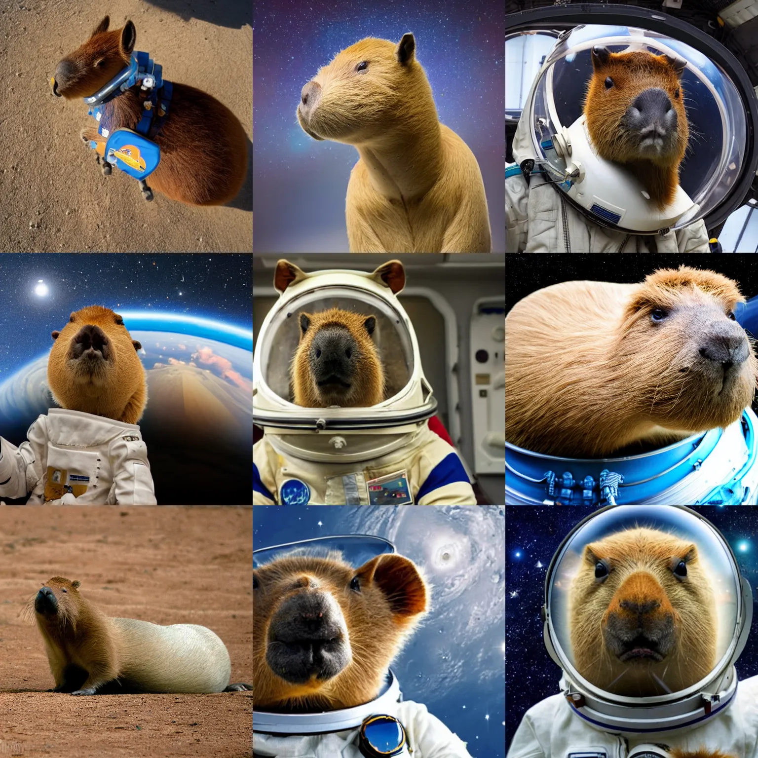 Prompt: capybara wearing a space suit and a space helmet. photo shot in space.