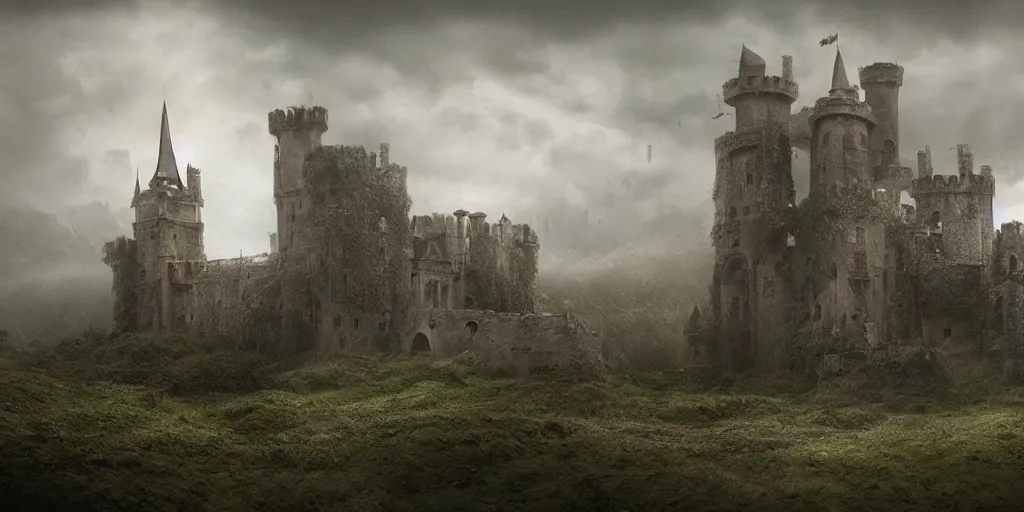 Image similar to matte painting, castle, dramatic landscape, overgrown, cinematic, overcast, interior light, rain, slight fog, mystical