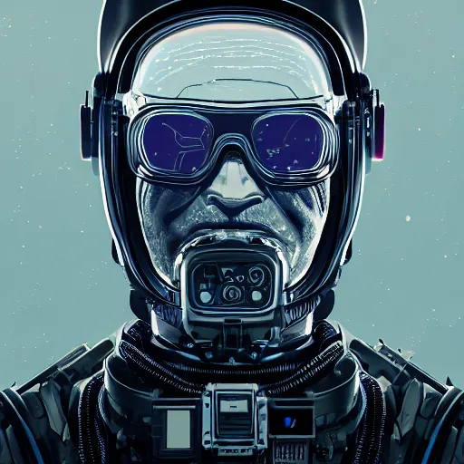 Image similar to portrait of a space hank hill. intricate abstract. cyberpunk, vhs glitch. full face broken helmet. intricate artwork. nightmare fuel. terrifying. empty oxygen tank. by Tooth Wu, octane render, trending on artstation, greg rutkowski very coherent symmetrical artwork. cinematic, hyper realism, high detail, octane render, 8k, iridescent accents, black and white