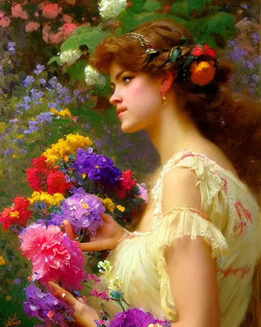 Image similar to an attractive girl wearing a colourful dress and surrounded by flowers. highly detailed painting by gaston bussiere, craig mullins, j. c. leyendecker 8 k