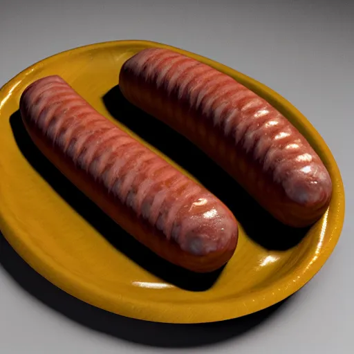 Image similar to cursed realistic 3 d unreal engine render of a half fish half sausage alone on a plate, fish fins on a sausage