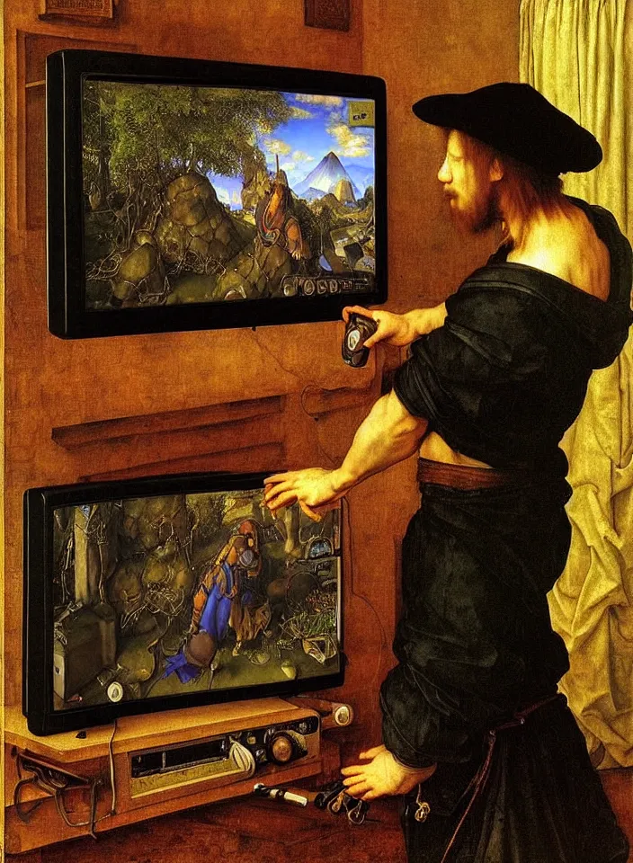 Image similar to Portrait of a man playing a video game on a CRT television. Painting by Albrecht Dürer. Intricate details. hyper realism. Masterpiece.
