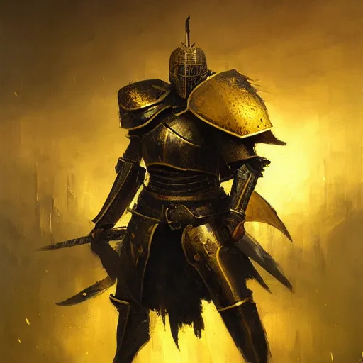 Image similar to anthropomorphic knight warrior in battle wearing black and gold plate armor, oil painting, Tooth Wu, Greg Rutkowski, RPG, dynamic lighting, fantasy art, High contrast, depth of field, landscape, scenery