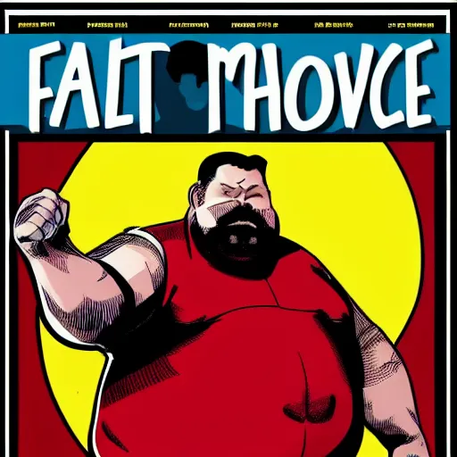 Image similar to A fat man with a fade haircut and a mustache as a comic book hero fighting off evil,, 4k, comic book cover