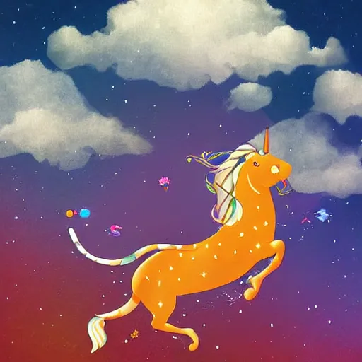 Prompt: a happy child rides a unicorn tiger between the clouds, digital art