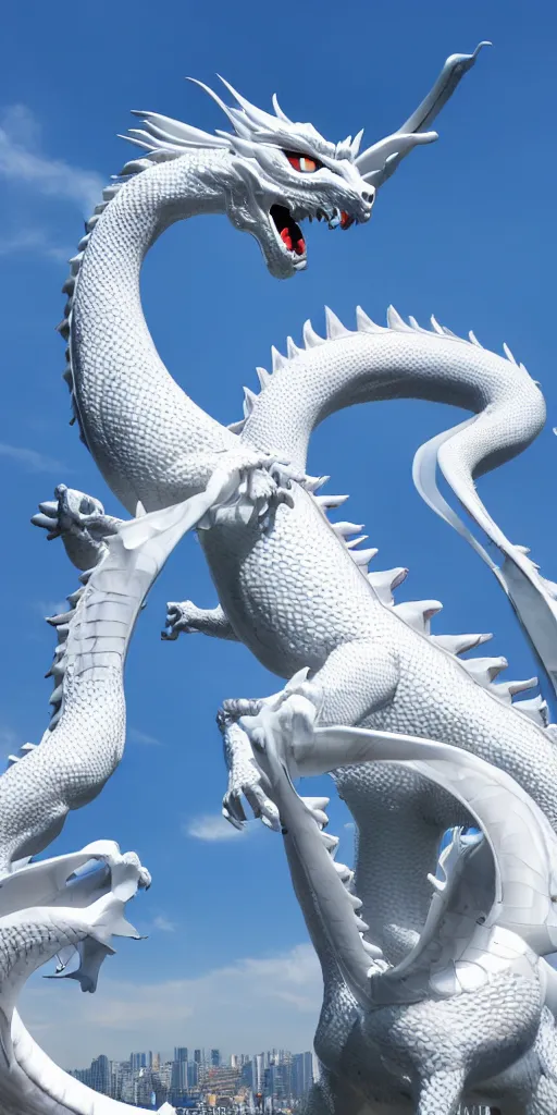 Prompt: white photorealistic futuristic post - modern blue eyes white dragon in seoul with bright blue sky