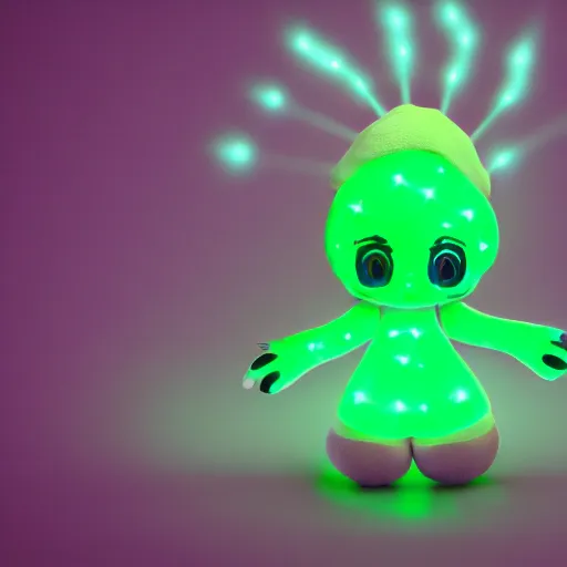 Prompt: cute fumo plush girl who has been uploaded into cyberspace, glowing green light, lens flare, caustics, vray