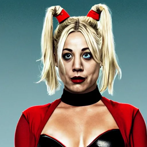 Image similar to A still of Kaley Cuoco as Harley Quinn