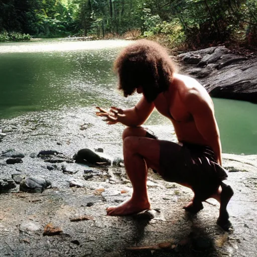 Image similar to a caveman kneeling down at a river, an looking at his own reflection cinematic 3 5 mm 8 k realistic