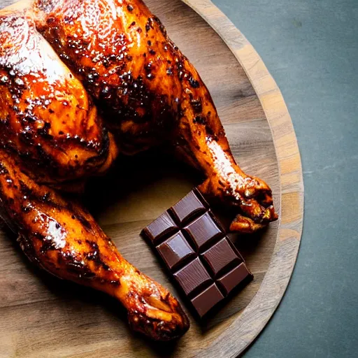 Prompt: a professional food photographer of chocolate chicken