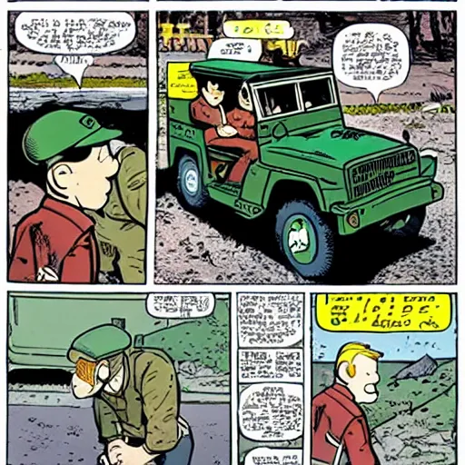 Image similar to tintin driving an army jeep. comic book