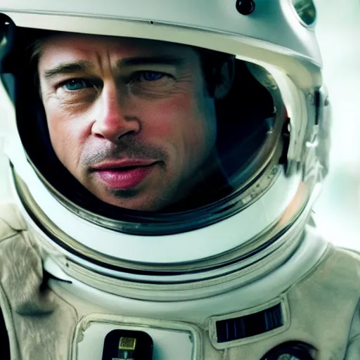 Prompt: Brad Pitt in a spacesuit nearby frog flying , by Ad Astra cinema, very detailed toad, symmetrical face, beautiful eyes, instagram photo, 4k, 8k , by Irving Penn, bokeh, top cinematic lighting , cinematic mood, shot in canon