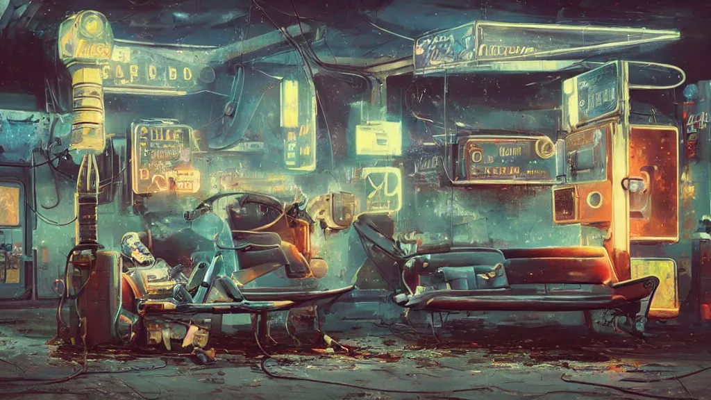 Image similar to A 1960s robot! on couch in front of a rusted! gas station. The stars! of the Milky Way shine above a broken neon sign realistic, raytracing, 8K glow, fantasy concept art by Greg Rutkowski