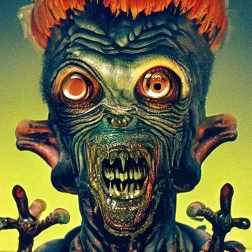 Image similar to a hyper detailed filmic realistic atmospheric photograph of the alien organism creature with multiple human limbs and grotesque distorted human face mutating from The Thing 1982 in the style of John Carpenter