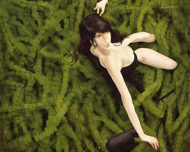 Prompt: olivia, top down view, bird's eye perspective, foreshortening, wearing an outfit made of vines, 3 d animation, black hair, freckles, pale skin, photo by greg rutkowski, risque fashion, female beauty, intricate detail, elegance, sharp shapes, soft lighting, masterpiece