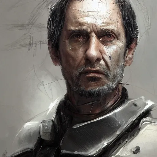 Image similar to Portrait of a man by Greg Rutkowski, he is about 60 years old, short black hair with bangs, his features are a mix between French, Turkish and Russian, dying, expression of epiphany and realization, he is wearing a futuristic tactical gear, highly detailed portrait, digital painting, artstation, concept art, smooth, sharp foccus ilustration, Artstation HQ.