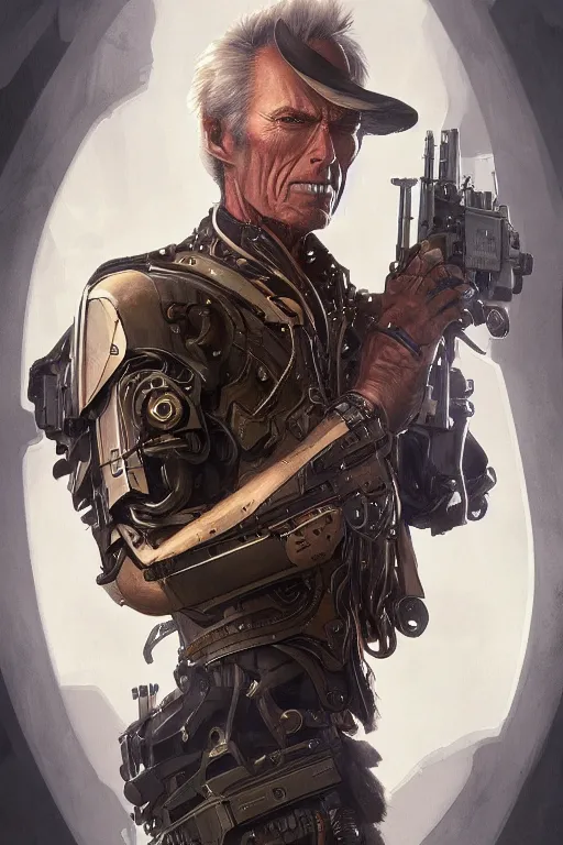 Image similar to clint eastwood steampunk cyborg, portrait, western, duster, fantasy, intricate, elegant, highly detailed, digital painting, artstation, concept art, sharp focus, illustration, art by artgerm and greg rutkowski and alphonse mucha