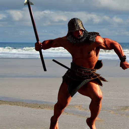 Image similar to spartan warrior sprinting on beach, epic action shot