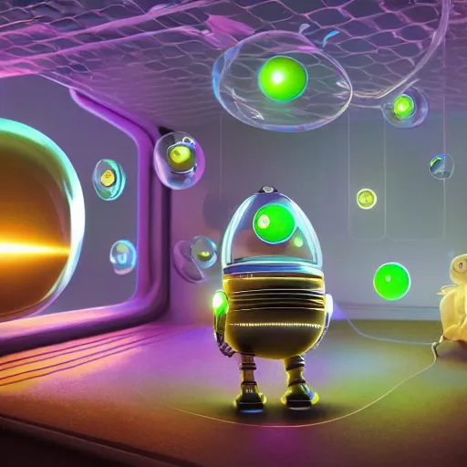 Image similar to nanobots, robots, floating, rbc, radiolaria, portrait, glow, protophyta, micro - organisms, center frame, symmetric, rim light, marine microbiology, bioluminescence, electric, soft, concept art, intricate details, highly detailed, colorful, photorealistic, disney pixar, octane render, iridescent, anime, 8 k