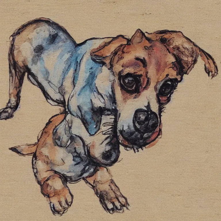 Image similar to a cute retro dog. alcohol inks on parchment, muted colors, detailed, textured parchment background, 1 9 5 0 s concept art