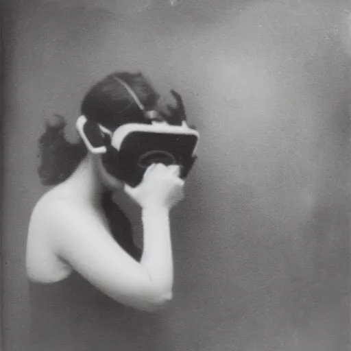 Image similar to an ancient demon-girl using a VR headset, mist , 1910 Polaroid photo, Black and white