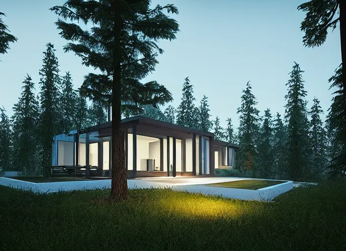 Prompt: “ large openings frame views of the villa's positioning amidst a fir - tree woodland, unreal engine 5 render, 8 k ”