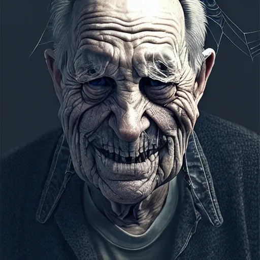 Image similar to an old man with thick thick thick cobwebs cobwebs cobwebs covering his entire face, cobwebs, spooky, atmosphere, detailed, realistic, unreal engine, cgsociety, by wlop and artgerm