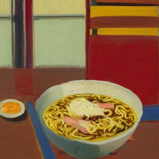 Prompt: late night ramen, wayne thiebaud