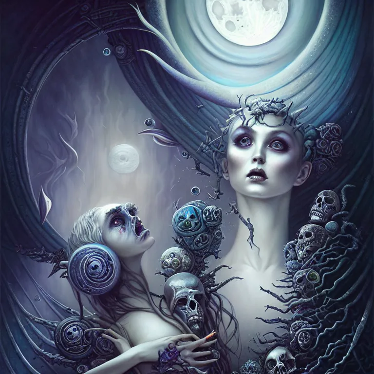 Image similar to skewed in the void, hr giger and cgsociety. one stunning luna goddess of personification of the moon by charlie bowater and tom bagshaw, insanely detailed, artstation, space art. sparkling flower fractules surrounded by skulls and robots deep under the sea, pop art, by peter rohrabacher lisa frank