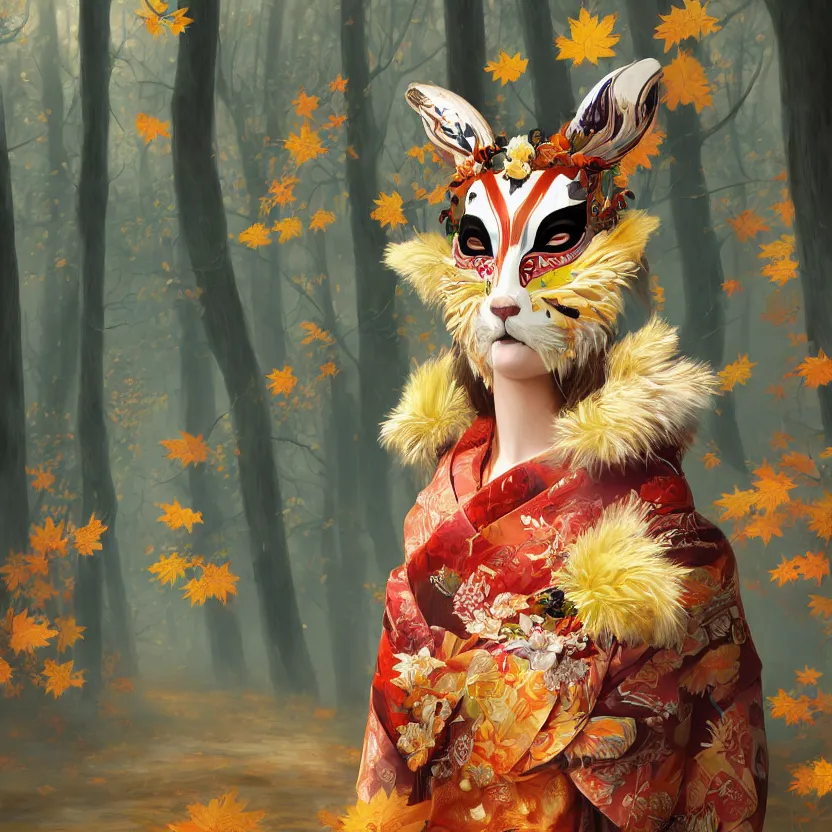 Prompt: highly detailed digital painting featuring a character with ornately decorated porcelain geisha animal mask in an autumn forest, vibrant light, beautiful lighting. trending on artstation and behance.