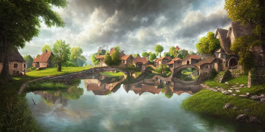 Image similar to super realistic photorealistic detailed village with a river, water, reflection, stone bridge, art by Gediminas Pranckevicius, Michelangelo