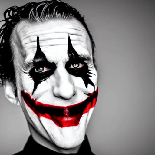 Image similar to The Joker posing from LinkedIn profile picture, professional headshot