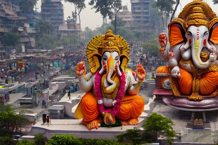 Prompt: beautiful futuristic new delhi, sharp sci - fi ganesha!! building, kalighat flowers, highly detailed cinematic, stephen shore & john j. park, soft morning light, wide shot, high angle, uhd 8 k, editorial photography