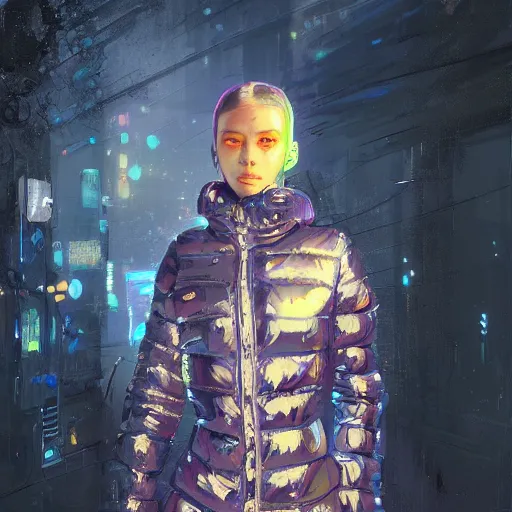 Image similar to detailed portrait of a skilled magic deepdream guardian bimbo cyberpunk futuristic, reflective puffer jacket, black leggings from the back radiating a glowing aura by ismail inceoglu dragan bibin hans thoma, perfect face, fine details, realistic shaded, fine - face, pretty face