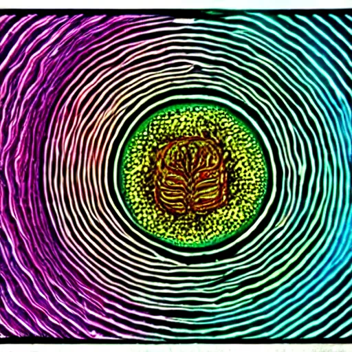 Prompt: nematode worms find a plant cell, microscopy, microscope, trippy, Alex Grey, colour halftone, science, scientific, journal
