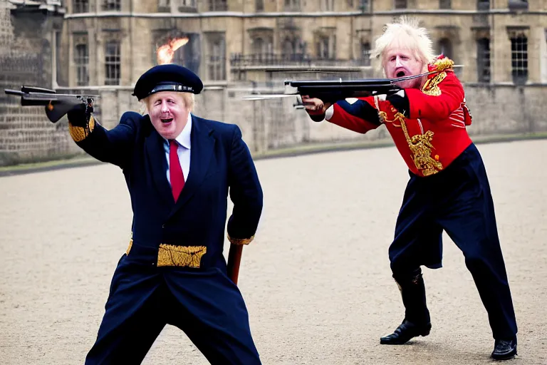 Image similar to closeup portrait of boris johnson dressed as a queen's guard firing a musket in a london street, natural light, sharp, detailed face, magazine, press, photo, steve mccurry, david lazar, canon, nikon, focus