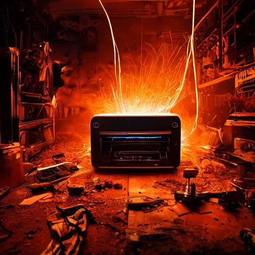 Image similar to overcharging toaster oven, tangles of metallic cables, dark messy smoke - filled cluttered workshop, dark, dramatic lighting, orange tint, sparks, plasma charges, cinematic, highly detailed, sci - fi, futuristic, movie still