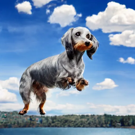 Prompt: photo of an elderly light gray overweight wire-haired dachshund with long hair floating in heaven, blue sky, white clouds