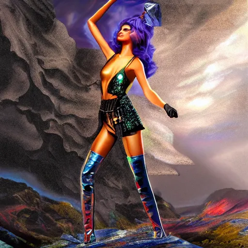 Prompt: high fantasy 1 9 8 0's wargame airbrushed artwork - inspired octane render, a model wearing an iridescent clear latex jacket and colorful iridescent glittery makeup posing in a volcanic black rock landscape