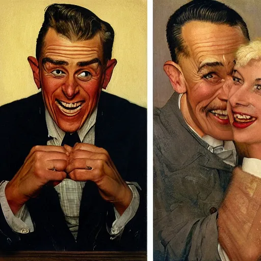 Prompt: Front portrait. On the left, a man trying to look as alpha male as possible. On the right, a woman laughing at him. A painting by Norman Rockwell.