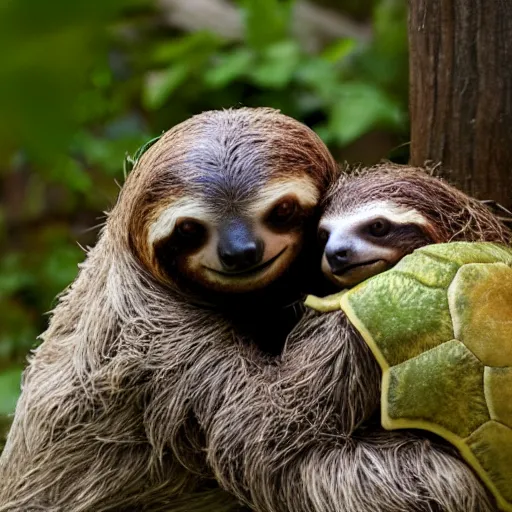 Prompt: a sloth hugging a turtle