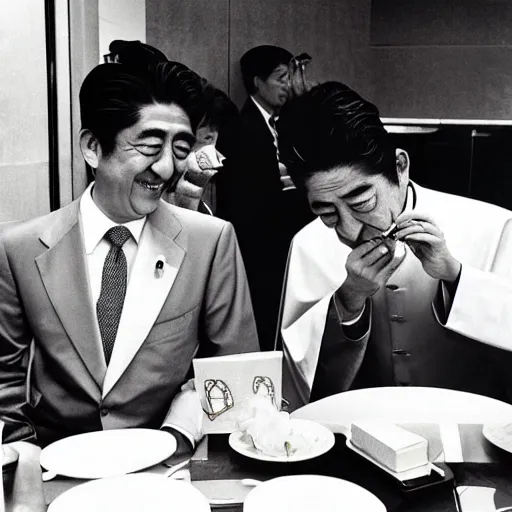 Image similar to the pope eating mc donalds with prime minister shinzo abe, photo by slim aarons, award winning