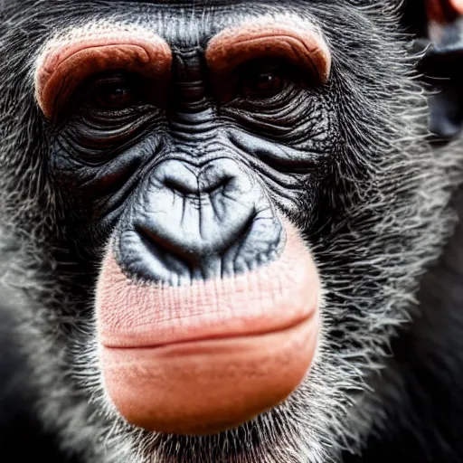 Image similar to a high detail closeup shot of a chimp wearing a suit, smoking a cigar