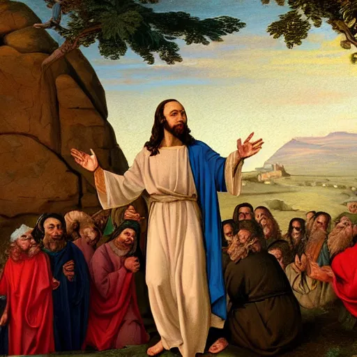 Prompt: Jesus wearing a VR Headset while preaching on Mount Sinai, highly detailed, 18th century painting