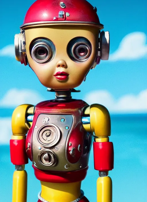 Prompt: highly detailed closeup, face profile portrait of a retro 1 9 5 0 s tin toy girl robot deep sea diver wearing a bikini, unreal engine, nicoletta ceccoli, mark ryden, earl norem, lostfish, global illumination, detailed and intricate environment